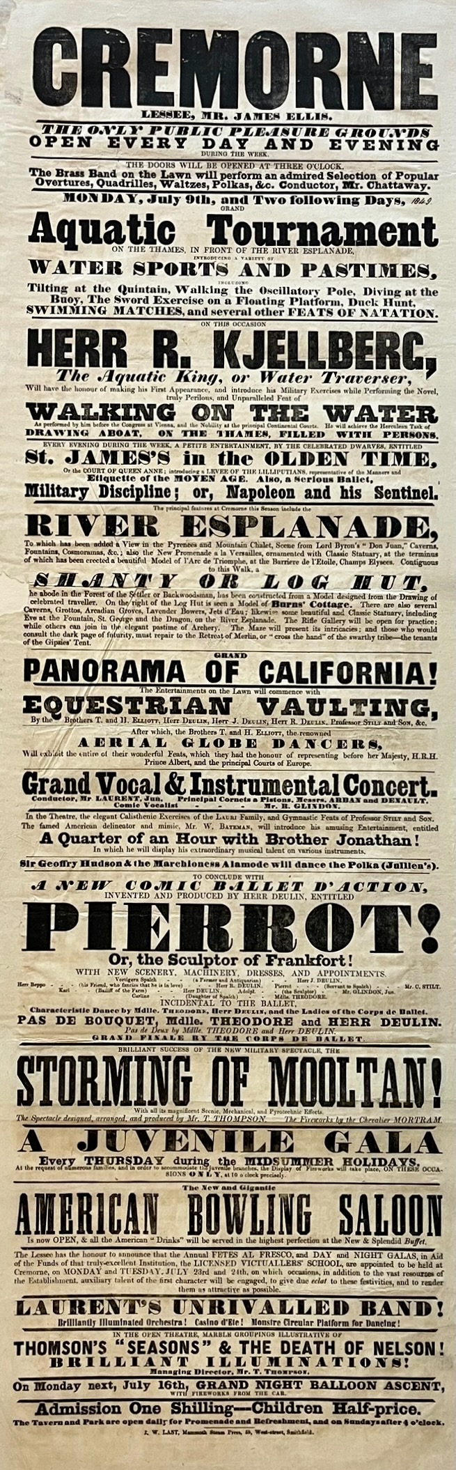 Grand Aquatic Tournament on the Thames. Water Sports and Pastimes.Tilting at the Quintain, Walking the Oscillatory Pole. Herr R. Kjellberg, the Aquatic King, or Water Traverser. Performing the Novel, truly Perilous and Unparalleled Feat of Walking on the Water. River Esplanade. a View of the Pyrenee