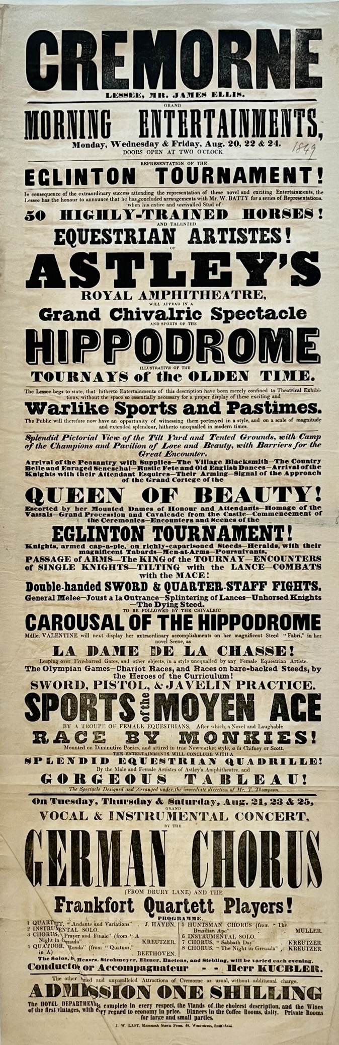 Eglington Tournament! 50 Highly Trained Horses! And Talented Equestrian Artistes! Astley&rsquo;s Royal Amphitheatre, will appear in a Grand Chivalric Spectacle and Sports of the Hippodrome Illustrative of Tournays of the Olden Time. Warlike Sports and Pastimes. Double-handed Sword and Quarter-staff 