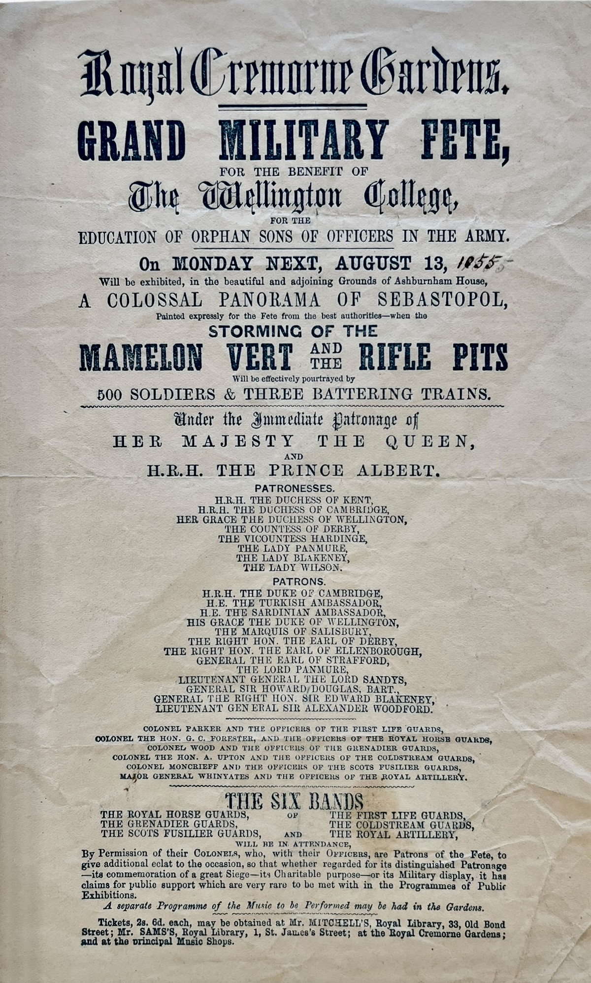 Grand Military Fete for the Benefit of Wellington College, for the Education of Orphan Sons of Officers in the Army. A Colossal Panorama of Sebastopol. the Storming of the Mamelon Vert and the Rifle Pits will be effectively portrayed by 500 Soldiers & Three Battering Rams.