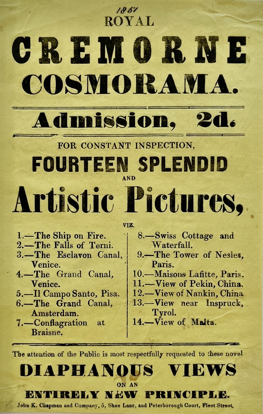 Royal Cremorne Cosmorama. For Constant Inspection, Fourteen Splendid Artistic Pictures. Novel Diaphanous Views on and Entirely New Principle.