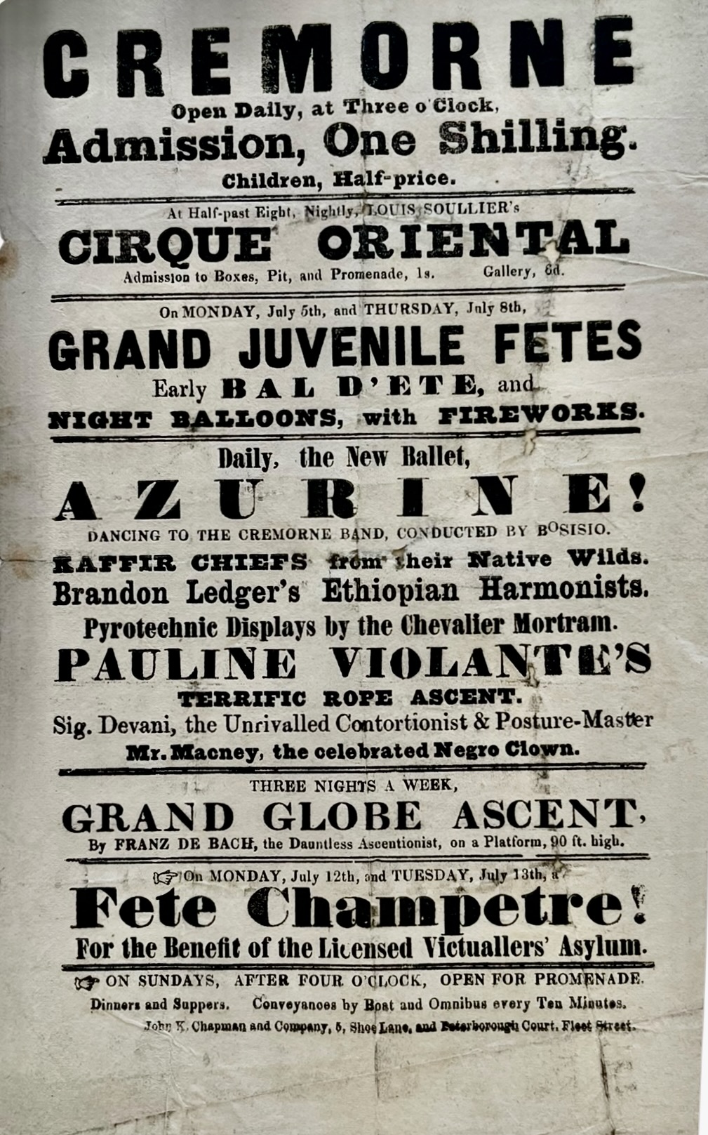 Louis Soullier&rsquo;s Cirque Oriental. Grand Juvenile Fetes. Night Balloons, with Fireworks. Kafir Chiefs from Their Native Wilds. Brandon Ledger&rsquo;s Ethiopian Harmonists. Pyrotechnic Displays by the Chevalier Mortram. Pauline Violante&rsquo;s Terrific Rope Ascent. Mr. Macney, the celebrated Ne