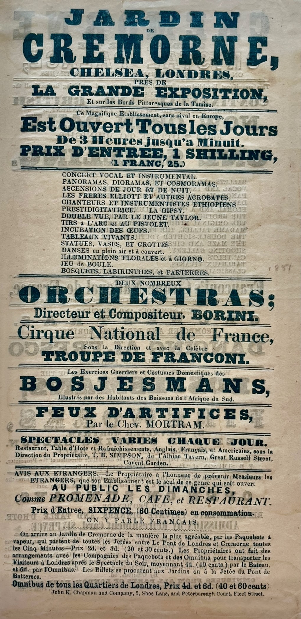 Continental and British Gardens and Other Places of Public Entertainment Now Open Daily. Franconi&rsquo;s Cirque National de France. War Exercise and Domestic Manners of the Bosjesmans. Fireworks by Chevalier Mortram. American Bowling Saloon