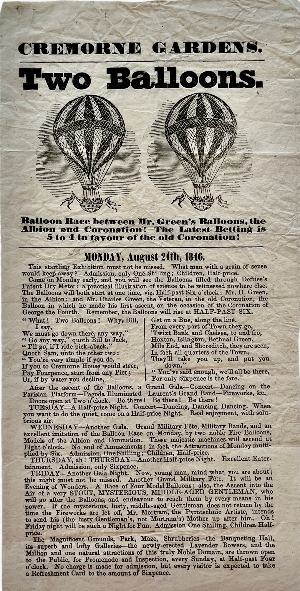 Two Balloons. Balloon Race Between Mr. Green&rsquo;s Balloons, the Albion and Coronation! The Latest Betting is 5 to 4 in favour of the old Coronation! Monday August 24th, 1846.
