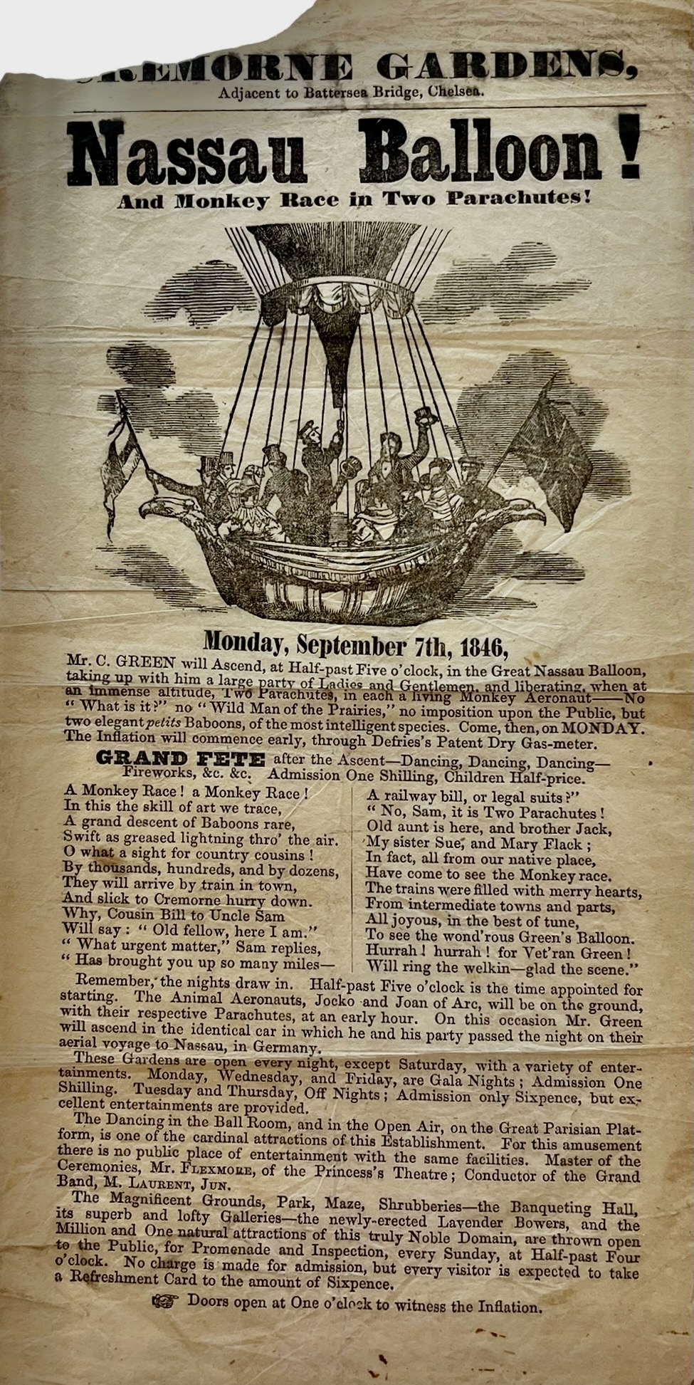 Nassau Balloon! An Monkey Race in Two Parachutes. Monday, September 7th. 1846.