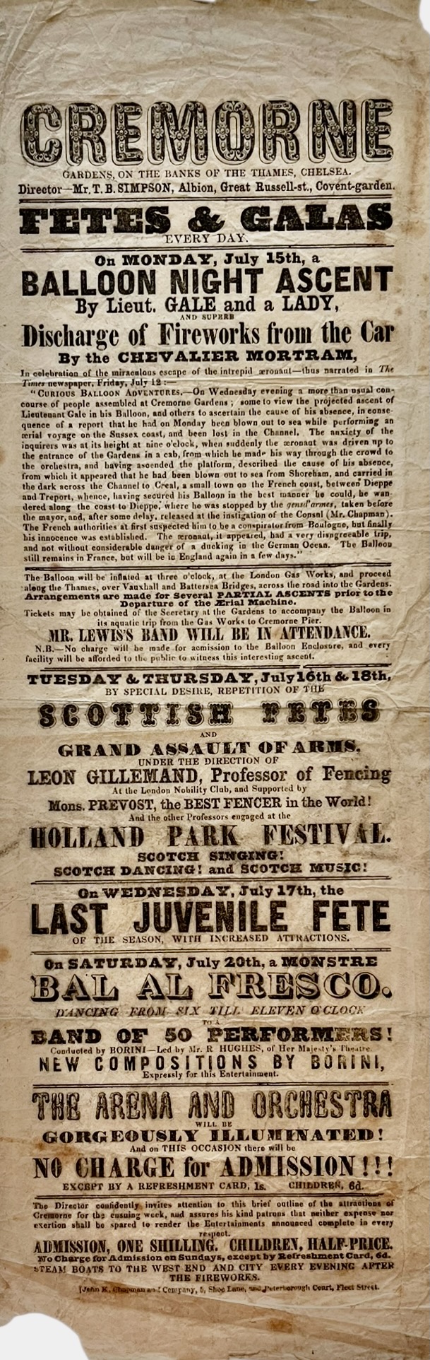 Fetes and Galas. Balloon Night Ascent by Lieut. Gale and a Lady, and Superb Discharge of Fireworks from the Car by the Chevalier Mortram.