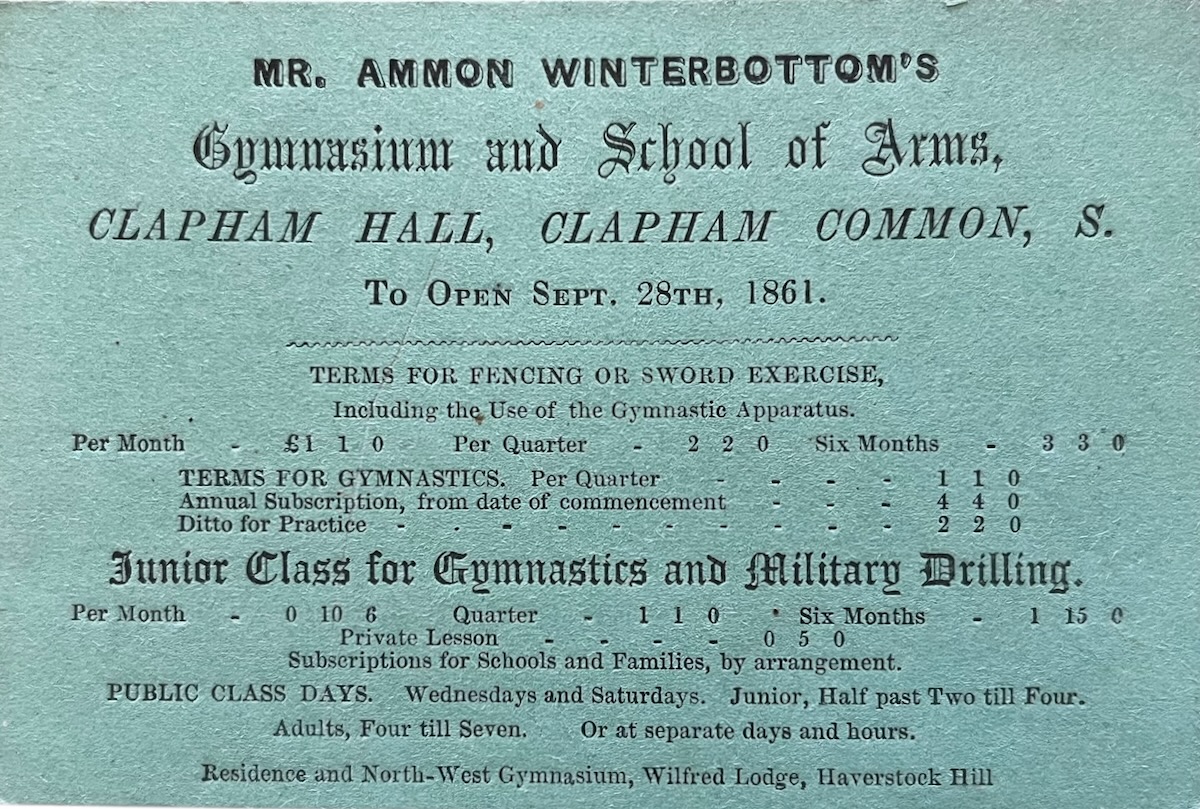 Mr. Ammon Winterbottom&rsquo;s Gymnasium and School of Arms, Clapham Hall. to open Sept. 28th. 1861.