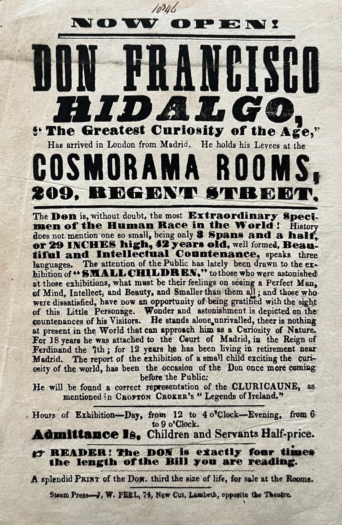 Now Open! Don Francisco Hidalgo, &ldquo;The Greatest Curiosity of the Age.&rdquo; Holds Levees at the Cosmorama Rooms, 209, Regent Street.