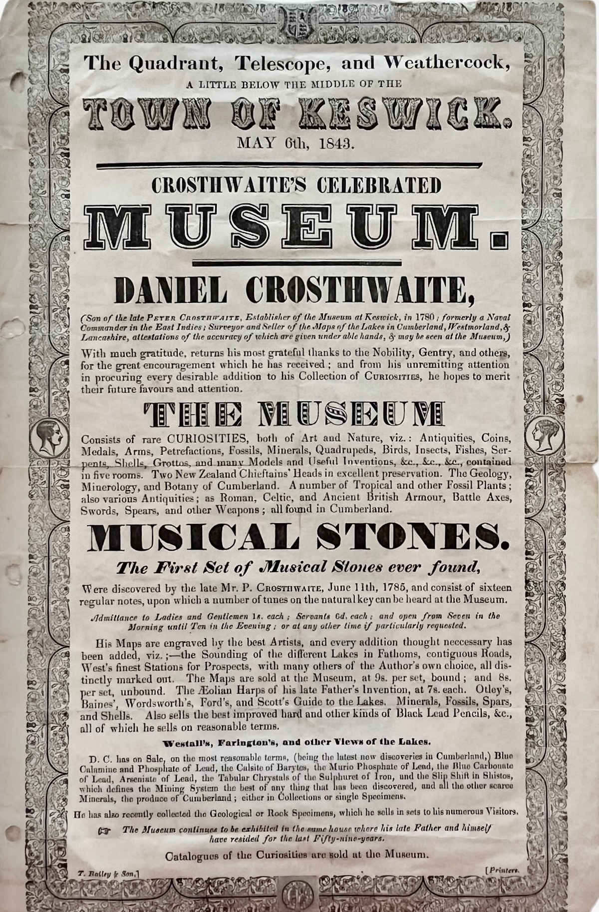 The Quadrant, Telescope and Weathercock, a Little Below the Middle of the Town of Keswick. May 6th. 1843. Crosthwaites&rsquo;s Celebrated Museum. Musical Stones.