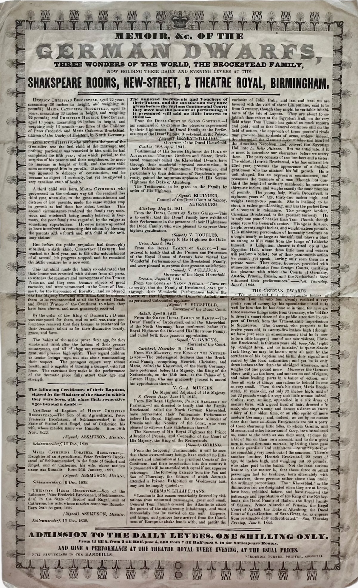 Memoir, &c. of the German Dwarfs, Three Wonders of the World, The Brockstead Family, now holding their daily and evening levees at the Shakspeare Rooms, New Street, & Theatre Royal, Birmingham.