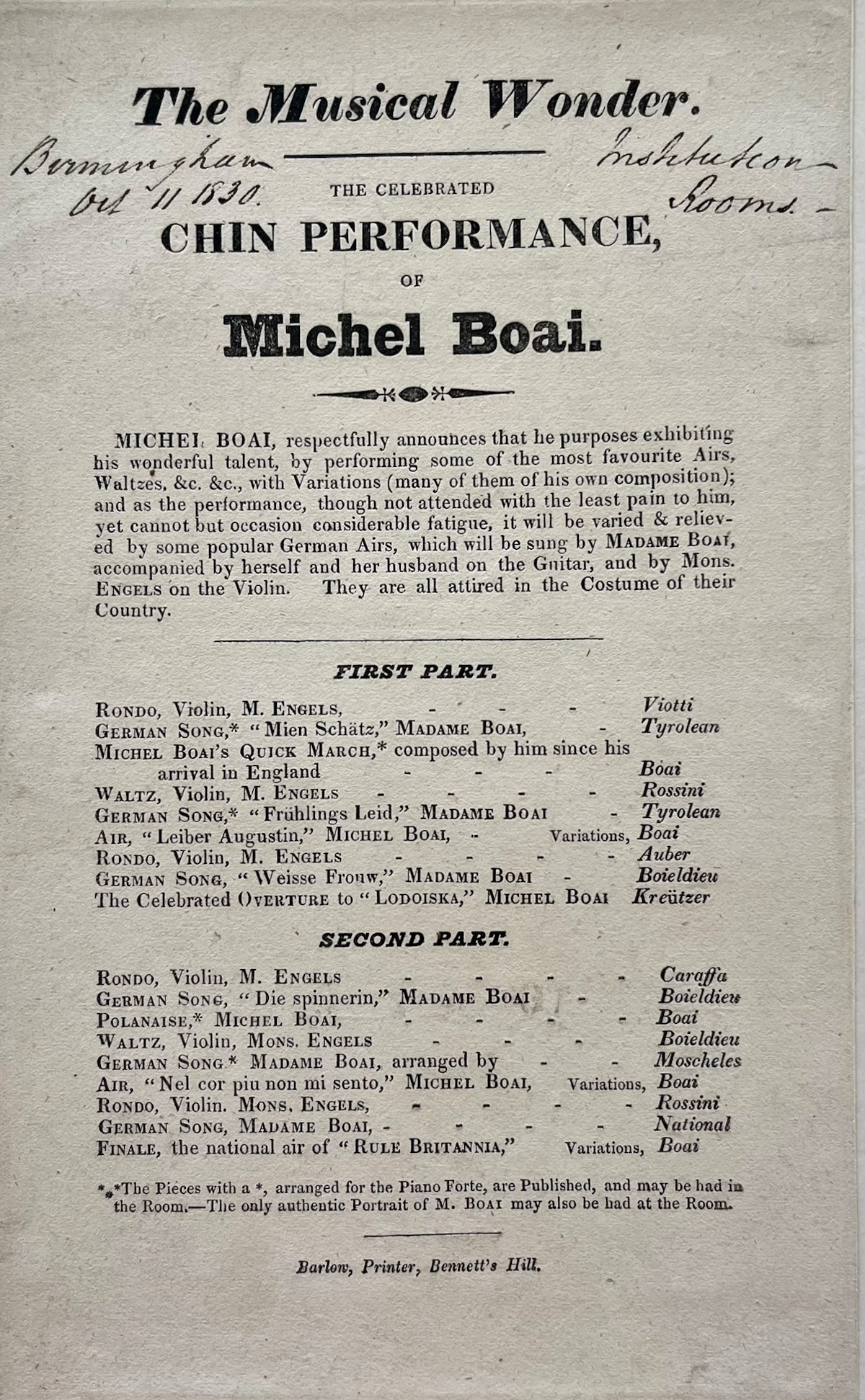 The Musical Wonder. The Celebrated Chin Performance of Michel Boai.