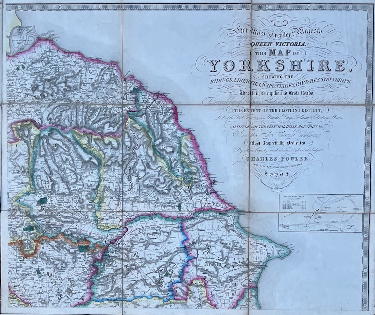 Map of Yorkshire shewing the Ridings, Liberties, Wapontakes, Parishes, Townships, the Mail, Turnpike and Crossroads, the Several Lines of Railways, Canals, the Parliamentary Limits of the Boroughs, the Extent of the Clothing District, Lists of the Post Towns, Their Market Days, Polling and Election 