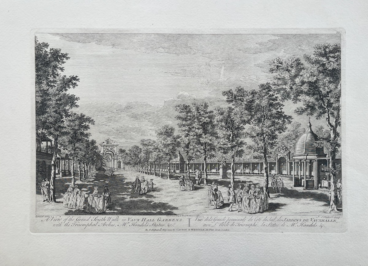 A View of the Grand South Walk in Vaux Hall Gardens with the Triumphal Arches, Mr. Handel&rsquo;s Statue, &c.