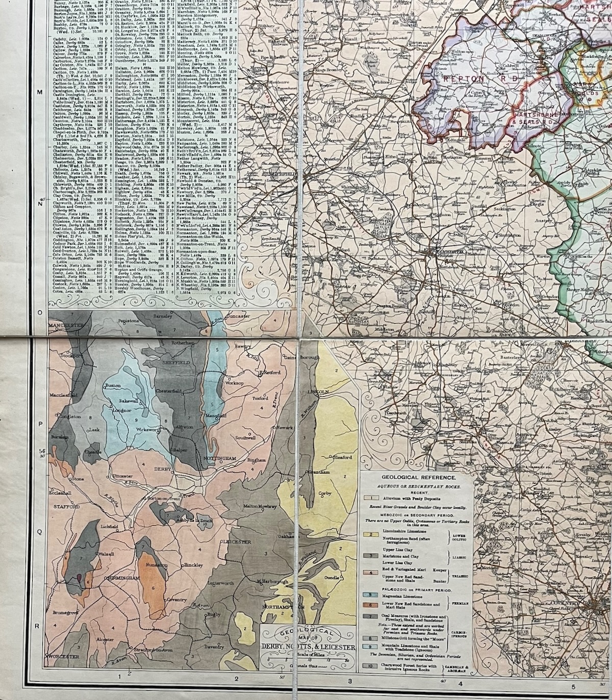 Bacon&rsquo;s New Survey Map of the Counties of Derby, Nottingham and Leicester. Showing Railways, Roads, Elevations & Distances, Also Local Government Divisions & Parishes. [Inset Map] Geological Map of Derby, Notts. & Leicester.
