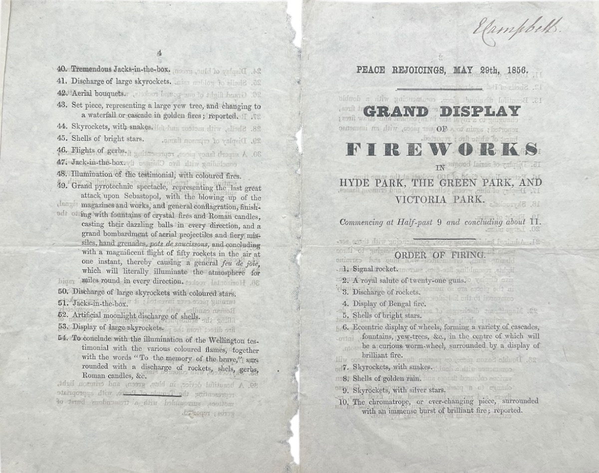 Peace Rejoicings, May 29th, 1856. Grand Display of Fireworks in Hyde Park, the Green Park, and Victoria Park. Commencing at Half-past 9 and concluding about 11.