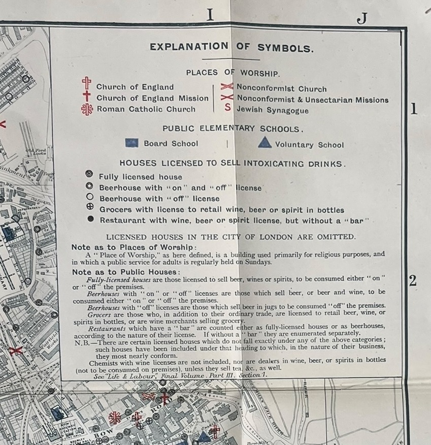 London, 1899 - 1900. Map Showing Places of Religious Worship, Public Elementary Schools, and Houses Licensed for the Sale of Intoxicating Drinks.