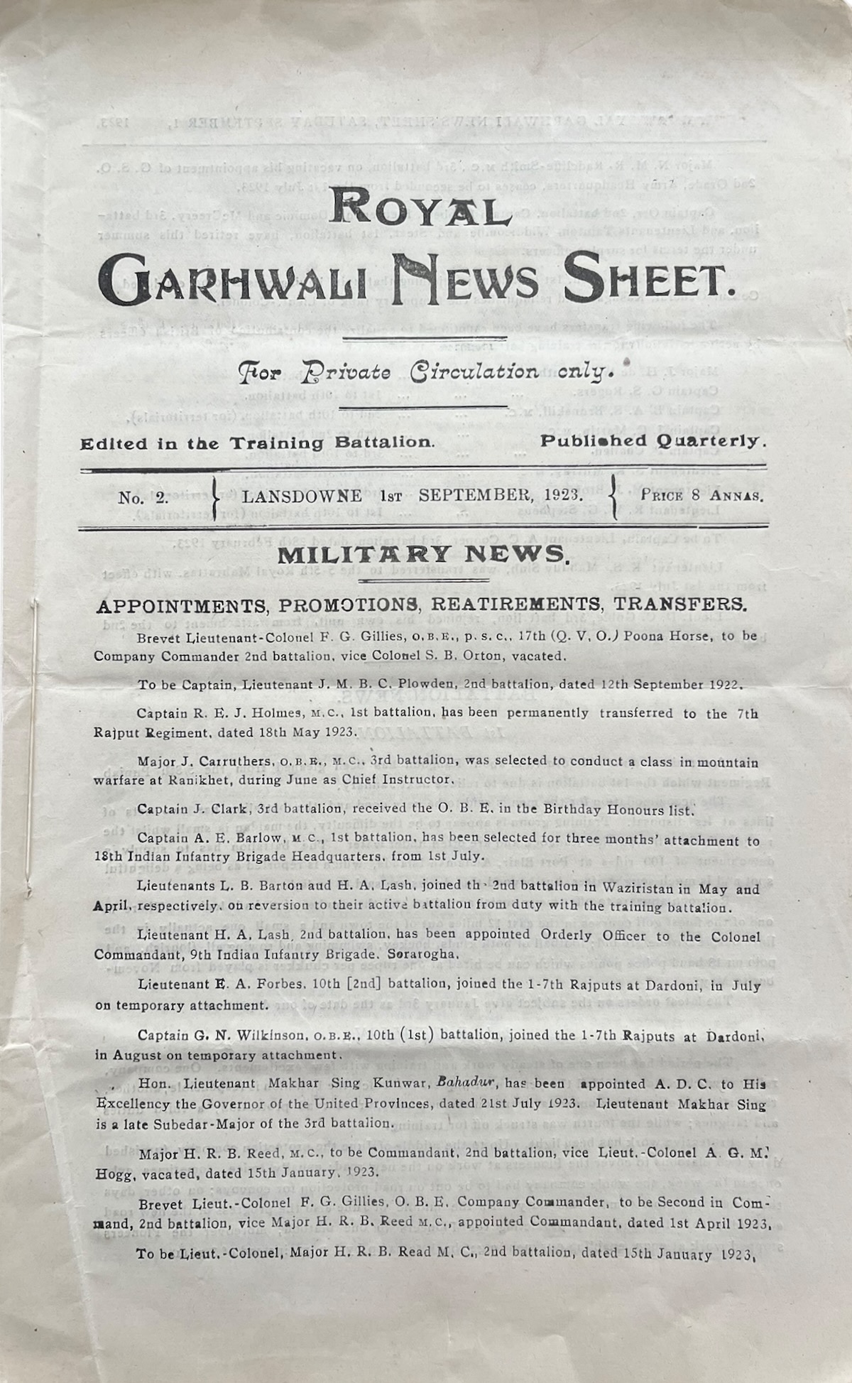 The Royal Garhhwali News Sheet. Edited in the Training Battalion.