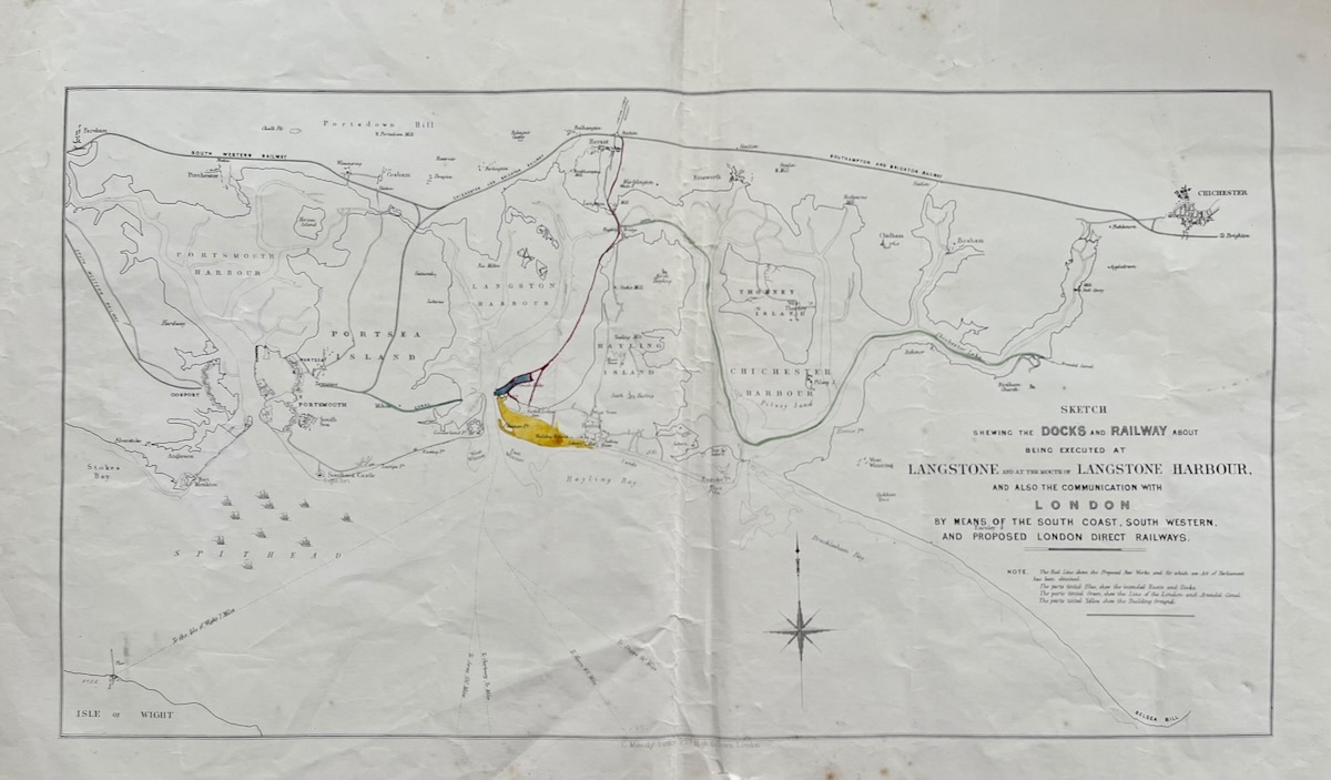 Sketch of the Docks and Railway About to be Executed at Langstone and at the Mouth of Langstone Harbour, and also the Communication with London by means of the South Coast, South Western and Proposed London Direct Railways.
