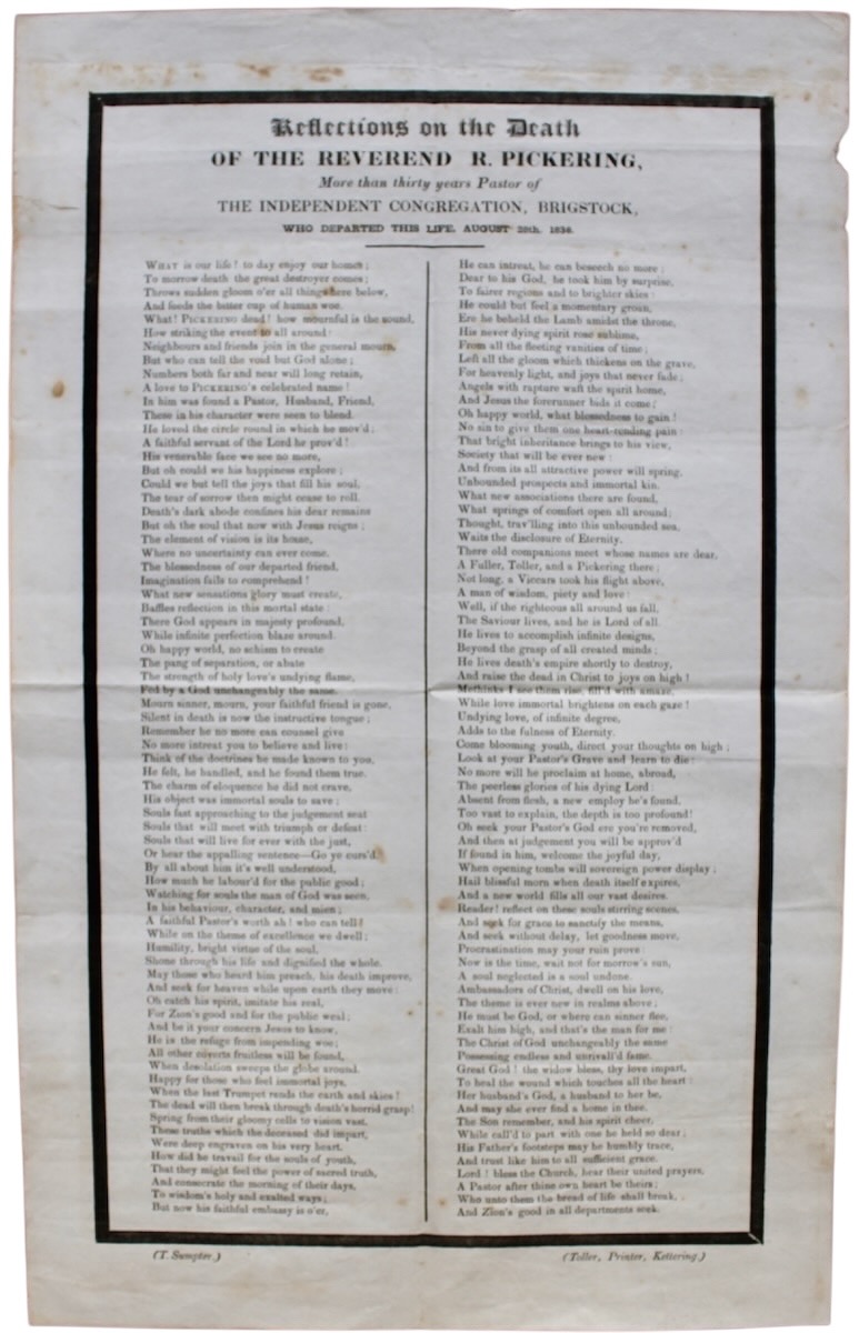 Reflections on the Death of the Reverend R. Pickering, more than thirty years Pastor of the Independent Congregation, Brigstock, who departed this life, August 28th, 1836.
