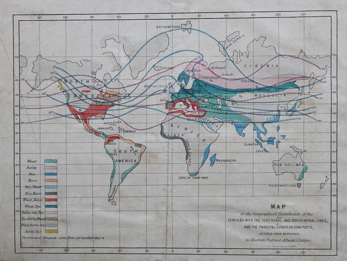 Map of the Geographical Distribution of the Cerealla [sic] with the Isotheral [sic] and Isocheimonal Lines. And the Principal European Corn Ports, altered from Berghaus.