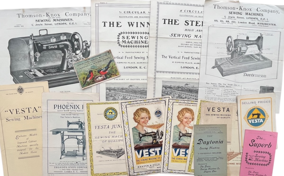 Collection of brochures and leaflets promoting sewing machines.