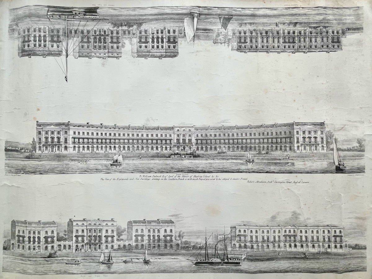 To William Padwick, Esqr. Lord of the Manor of Hayling Island &c. &c. The View of the Esplanade and the New Buildings erecting on the Southern Beach is with much respect presented by his obliged and sincere friend, Robert Abraham, Archt. Torrington Street, Russell Square.