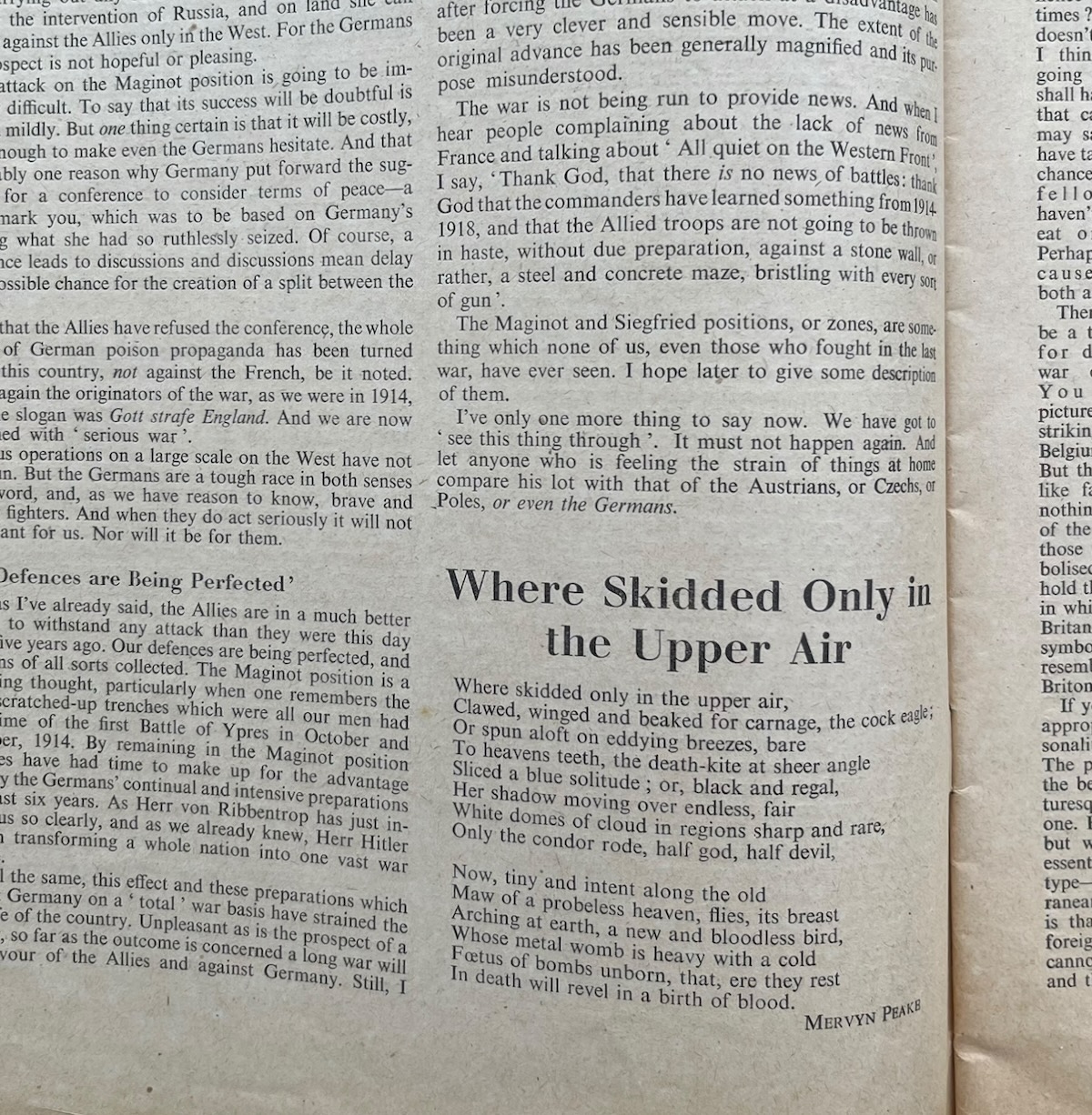 &ldquo;Where Skidded Only in the Upper Air.&rdquo; Poem in The Listener.