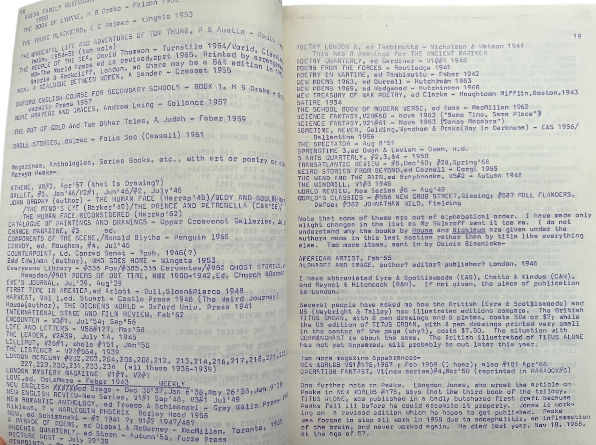 Mervyn Peake - a Checklist, by Leslie Sklaroff, in The Collector&rsquo;s Bulletin #10.