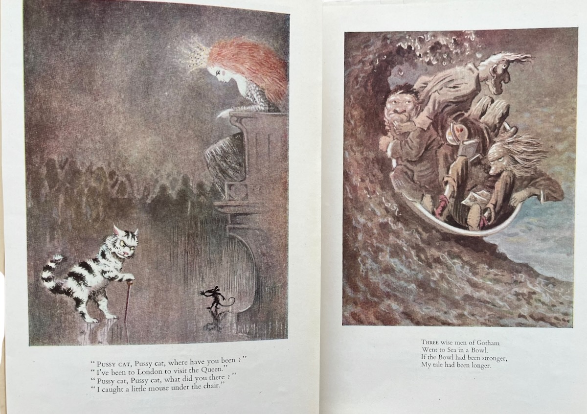 Four colour illustrations to &lsquo;Children&rsquo;s Hour: four nursery rhymes&rsquo;, with a commentary by Leslie Daiken.