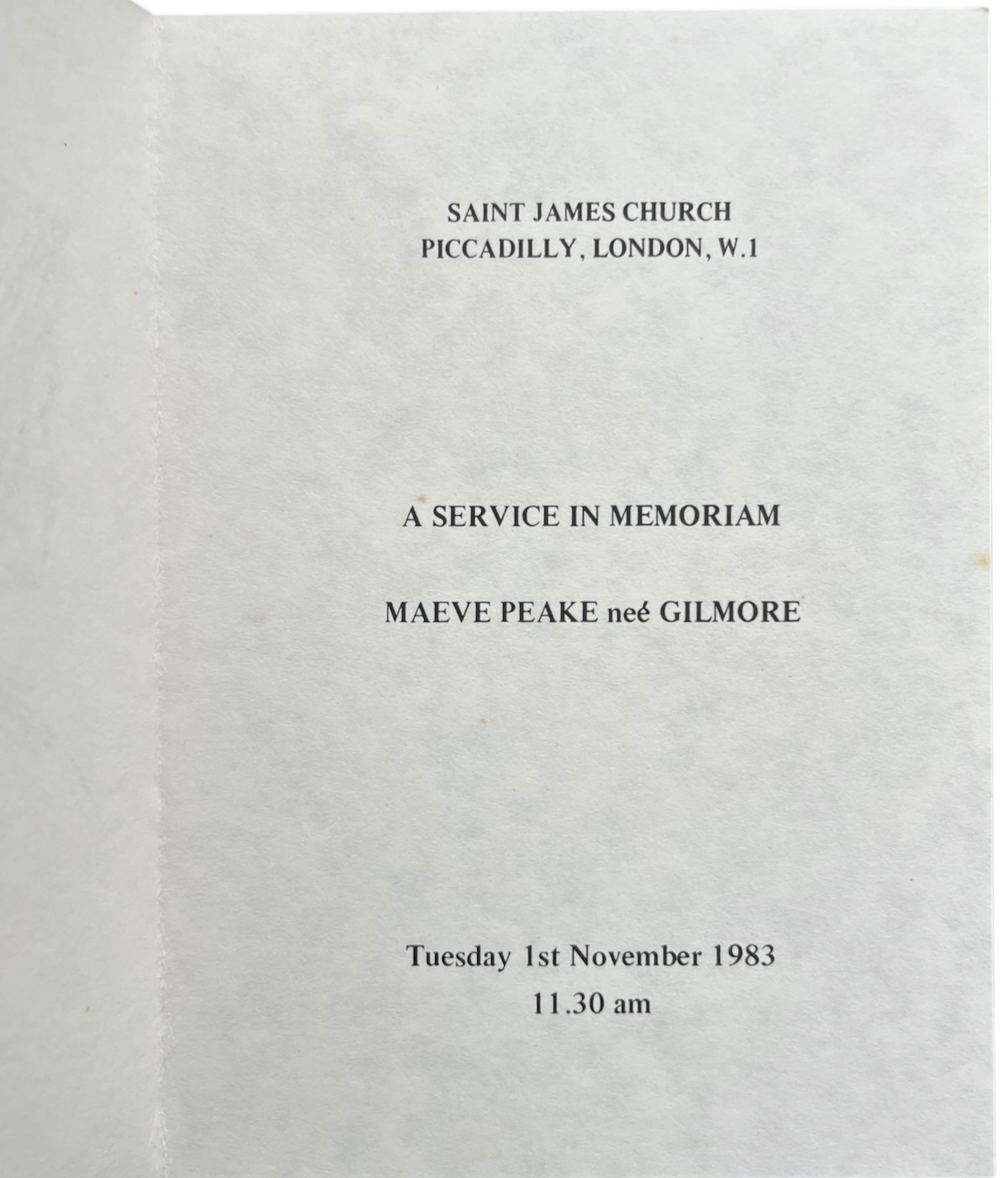 Portrait of Maeve on folded card &ldquo;A Service in Memorium.&rdquo; Maeve Peake ne&eacute; [sic] Gilmore.