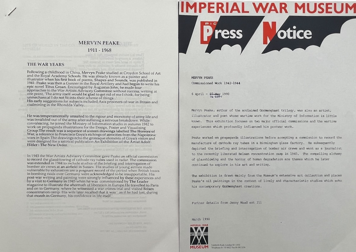 Imperial War Museum. Press Notice. Mervyn Peake Commissioned Work 1942 - 1944.