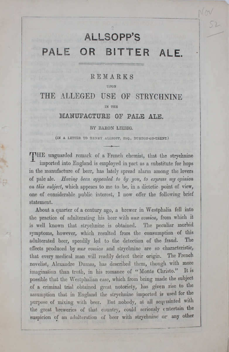 Allsopp&rsquo;s Pale or Bitter Ale. Remarks upon the alleged use of Strychnine in the Manufacture of Pale Ale.