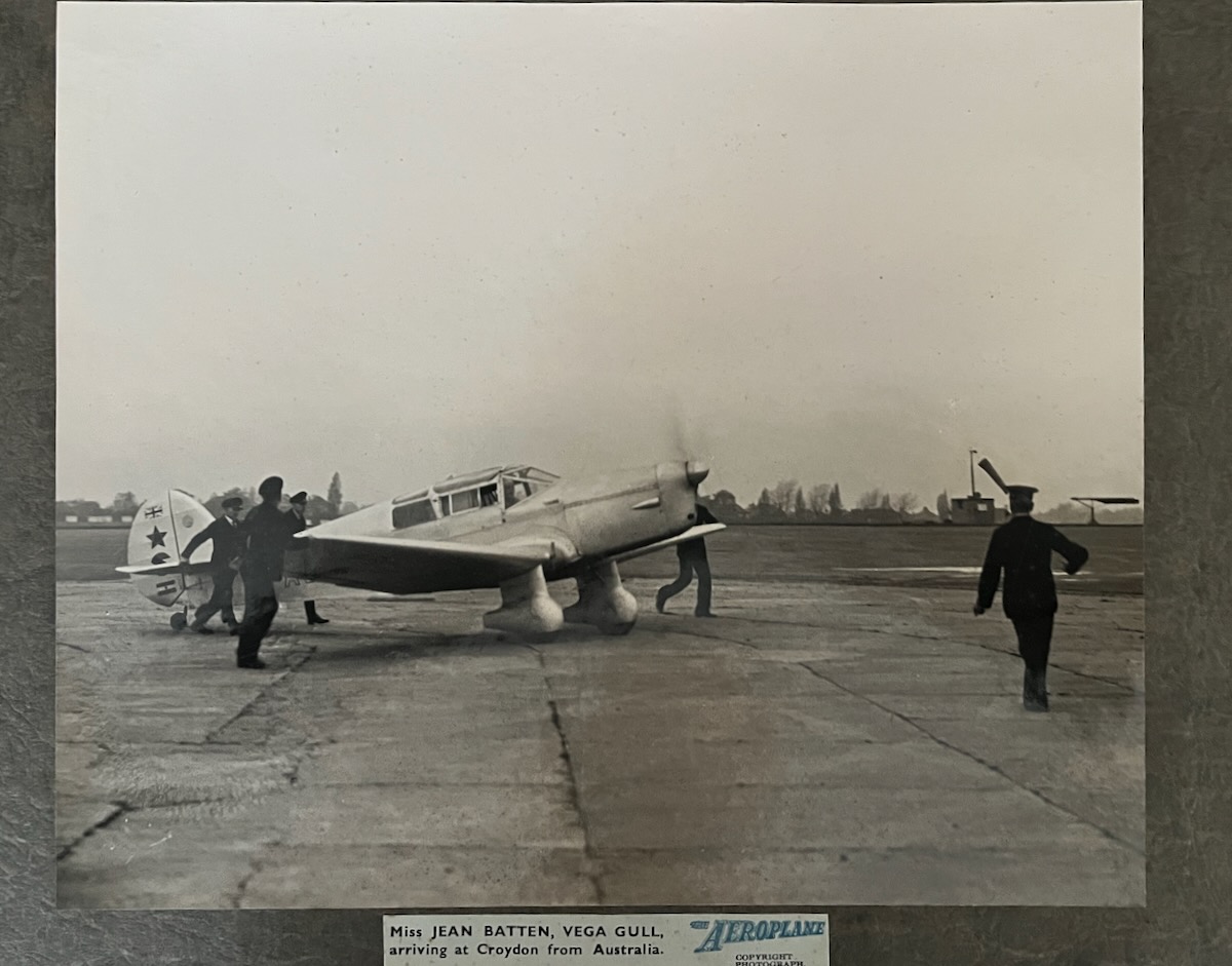 Miss Jean Batten, Vega Gull, arriving at Croydon from Australia.