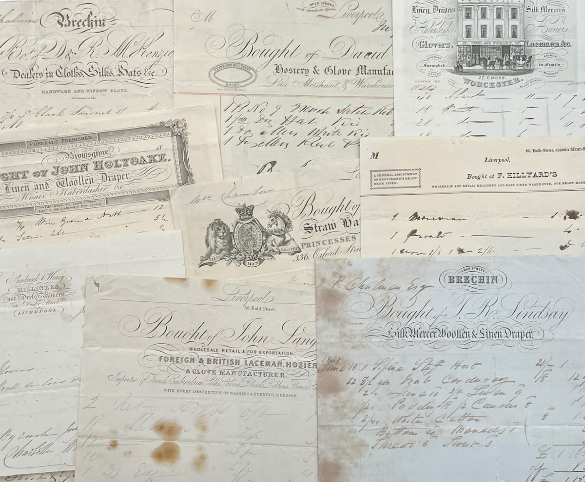 A collection of statements, bills, invoices, receipts, and letters from manufacturers, agents, tradesmen, dealers, shopkeepers, etc. [58 items]