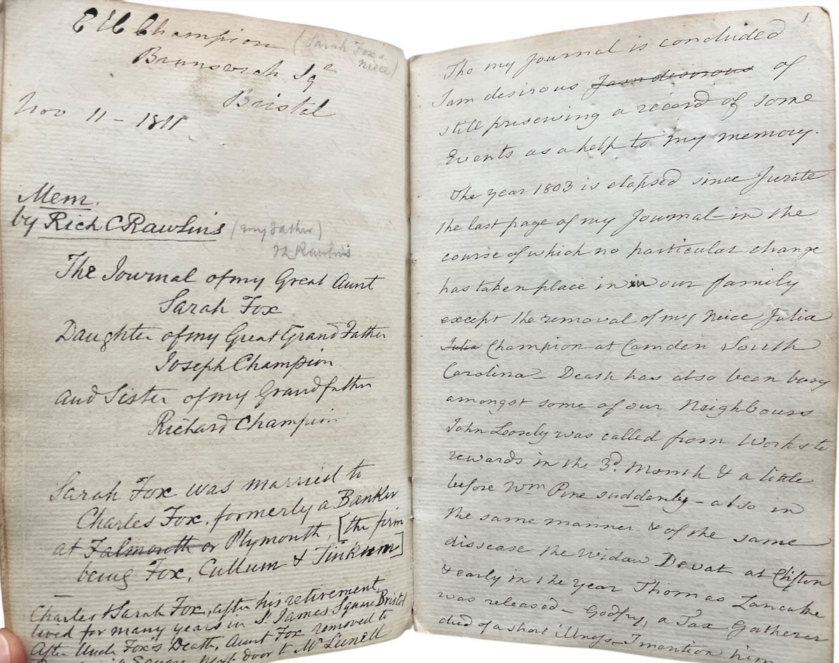 The Diary of Sarah Fox (born) Champion 1745 - 1804. [with] E xtracts of Letters of Sarah Fox written between 1801 & 1810. Selected and transcribed by J. Frank. [typescript] [with] The Journal of Sarah Fox [manuscript] 1803 - 1810. [with] An Address from Richard Champion to His Children on the Lo