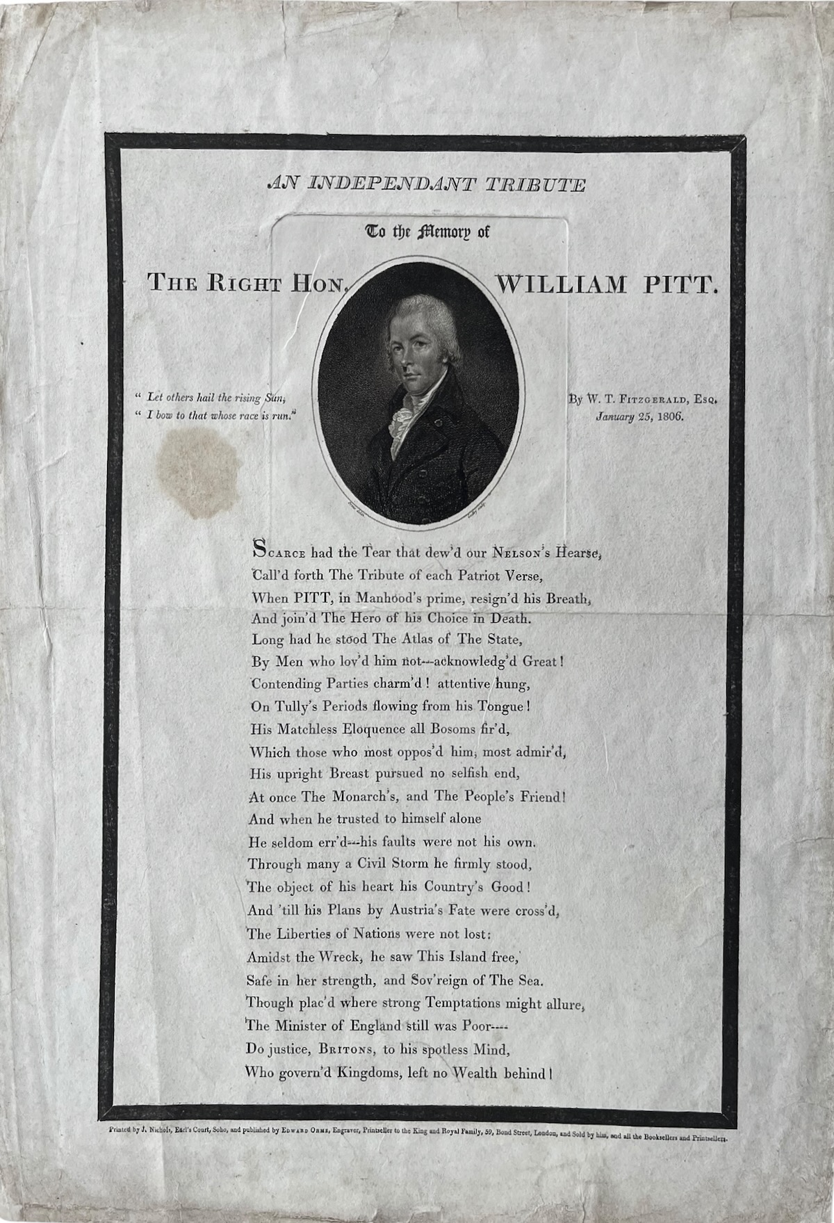An Independant [sic] Tribute to the Memory of William Pitt. By W.T. Fitzgerald, Esq.