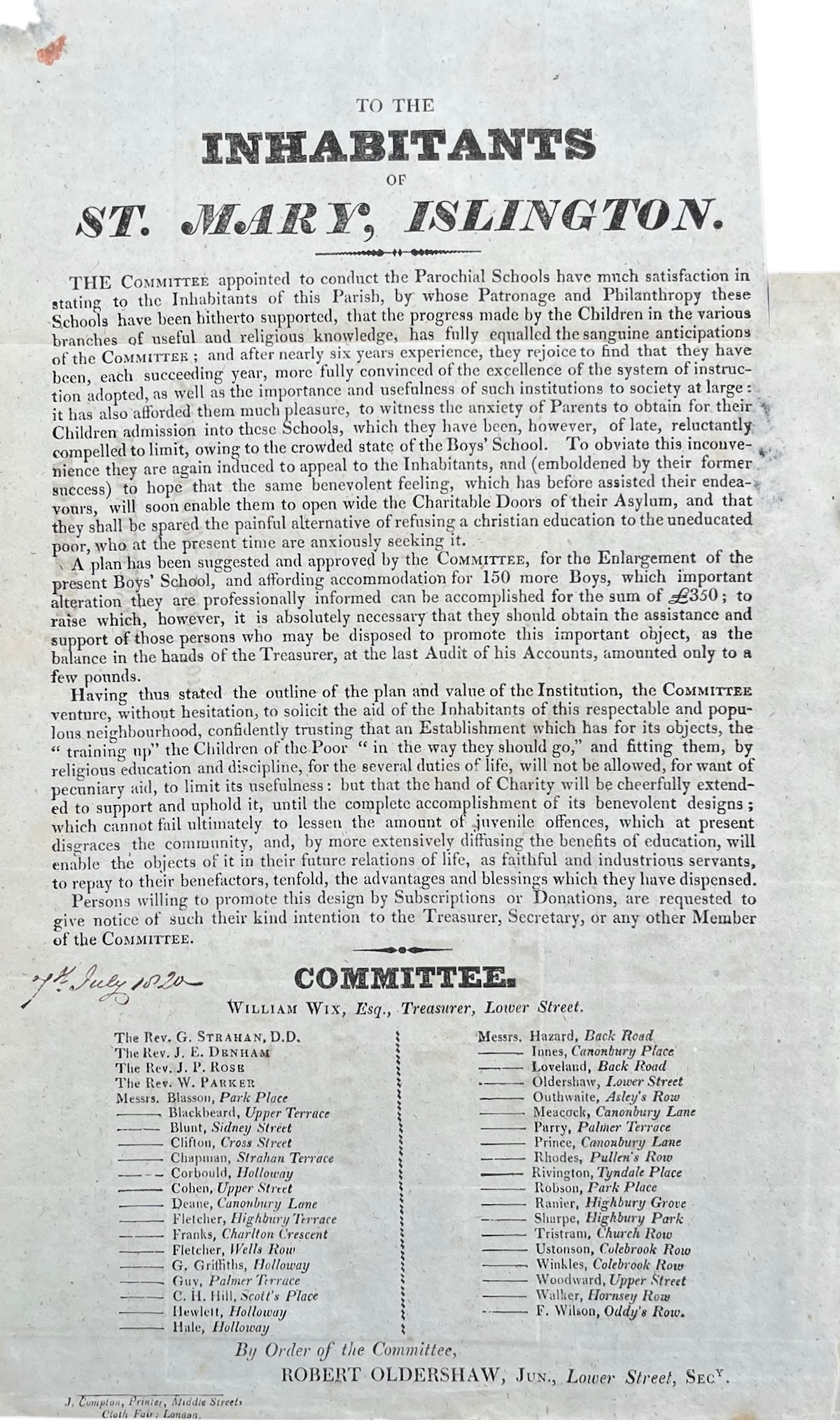 Address to the Inhabitants of Saint Mary Islington [docket title].