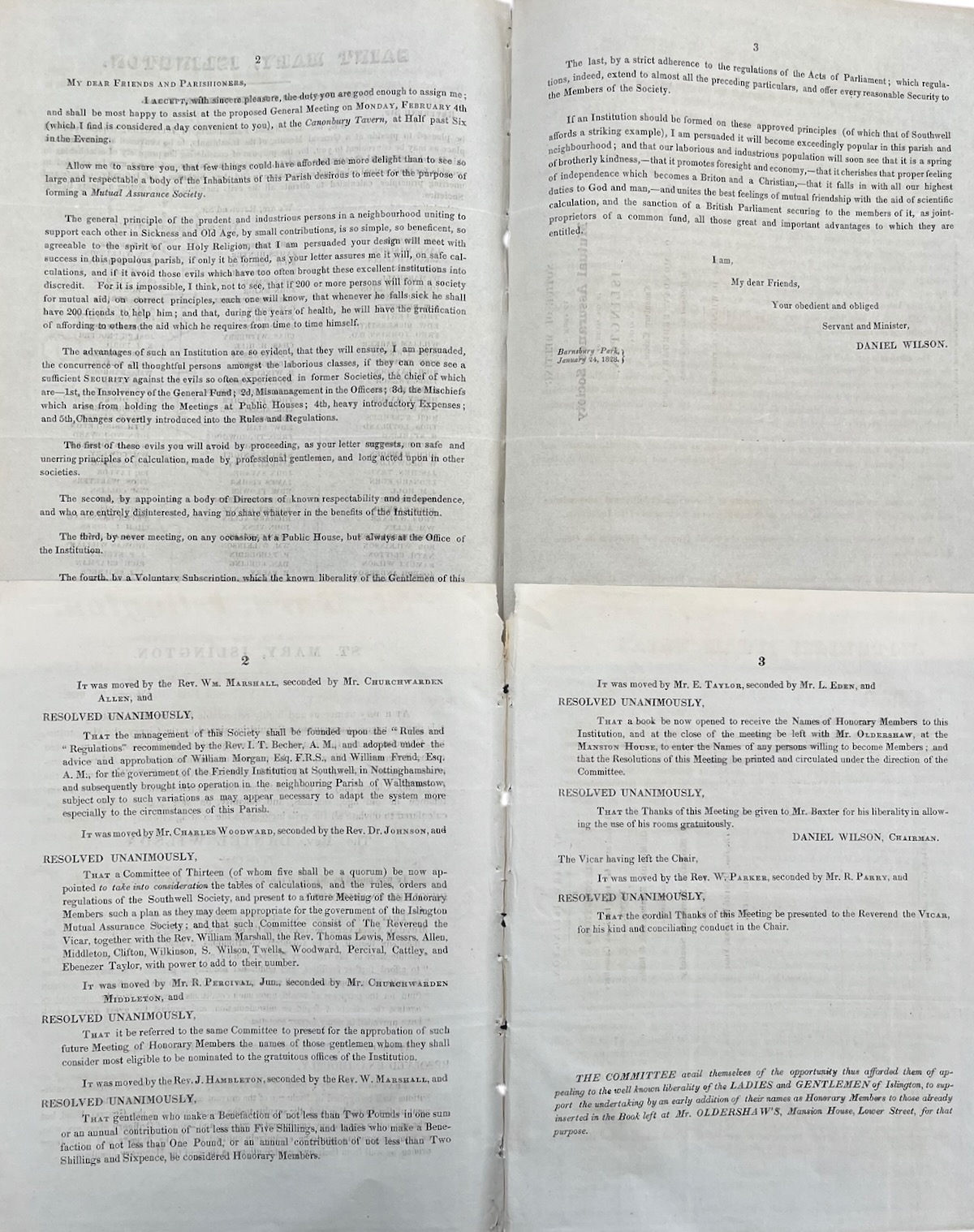 Notice of Meeting to Form a Mutual Assurance Society in the Parish of Islington, to be held at Canonbury Tavern, on Monday, February 4, 1828. Rev. D. Wilson, in the Chair. [docket title] [with] St. Mary, Islington. Resolutions Passed at a Meeting held at Canonbury Tavern. for Forming a Mutual Benefi