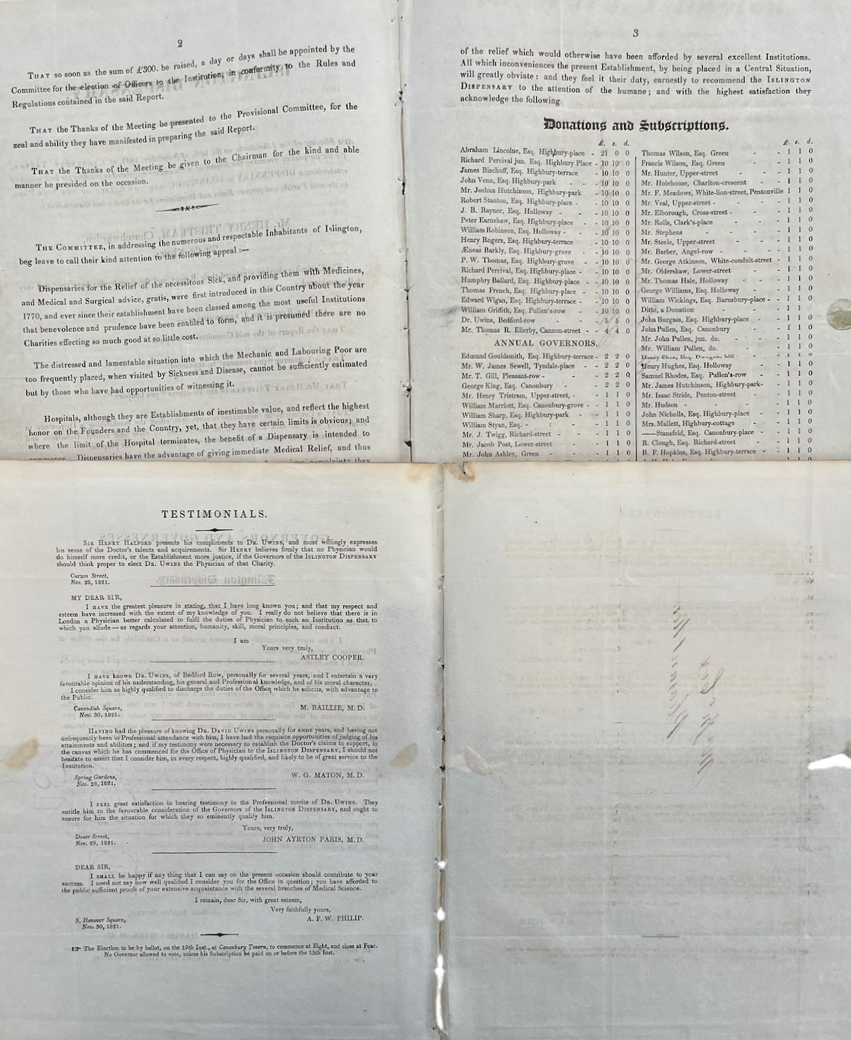 At a Meeting of the Inhabitants. for the Purpose of Receiving a Report of a Committee appointed to consider the best means of establishing a Dispensary at Islington, for the Relief of the Sick Poor in the said Parish. [with] To the Governors and Governesses of the Islington Dispensary. [Letter of Ap