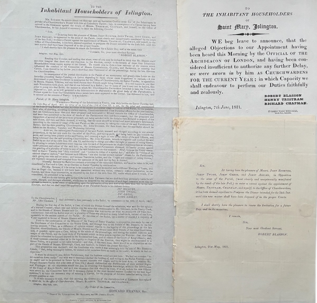Image for Three Items relating to the disputed Election and Appointment of Churchwardens. Three Items relating to the disputed Election and Appointment of Churchwardens.