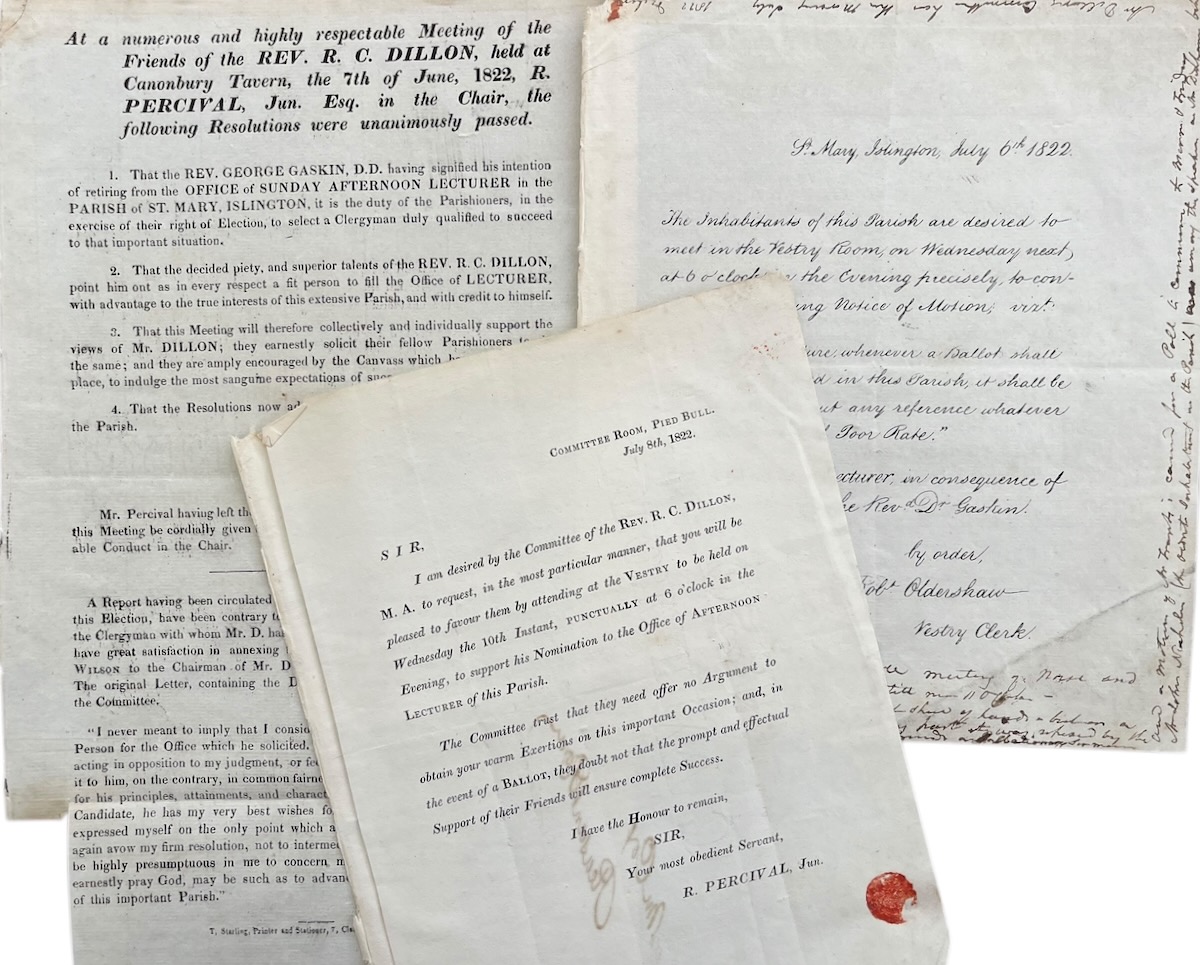 At a Numerous and highly Respectable Meeting of the Friends of the Rev. R.C. Dillon. the following Resolutions were unanimously passed [resignation of Rev. George Gaskin as lecturer, reference to superior talents of Rev. Dillon as successor, etc.] signed Richard Percival. 7th June, 1822. [with] The 