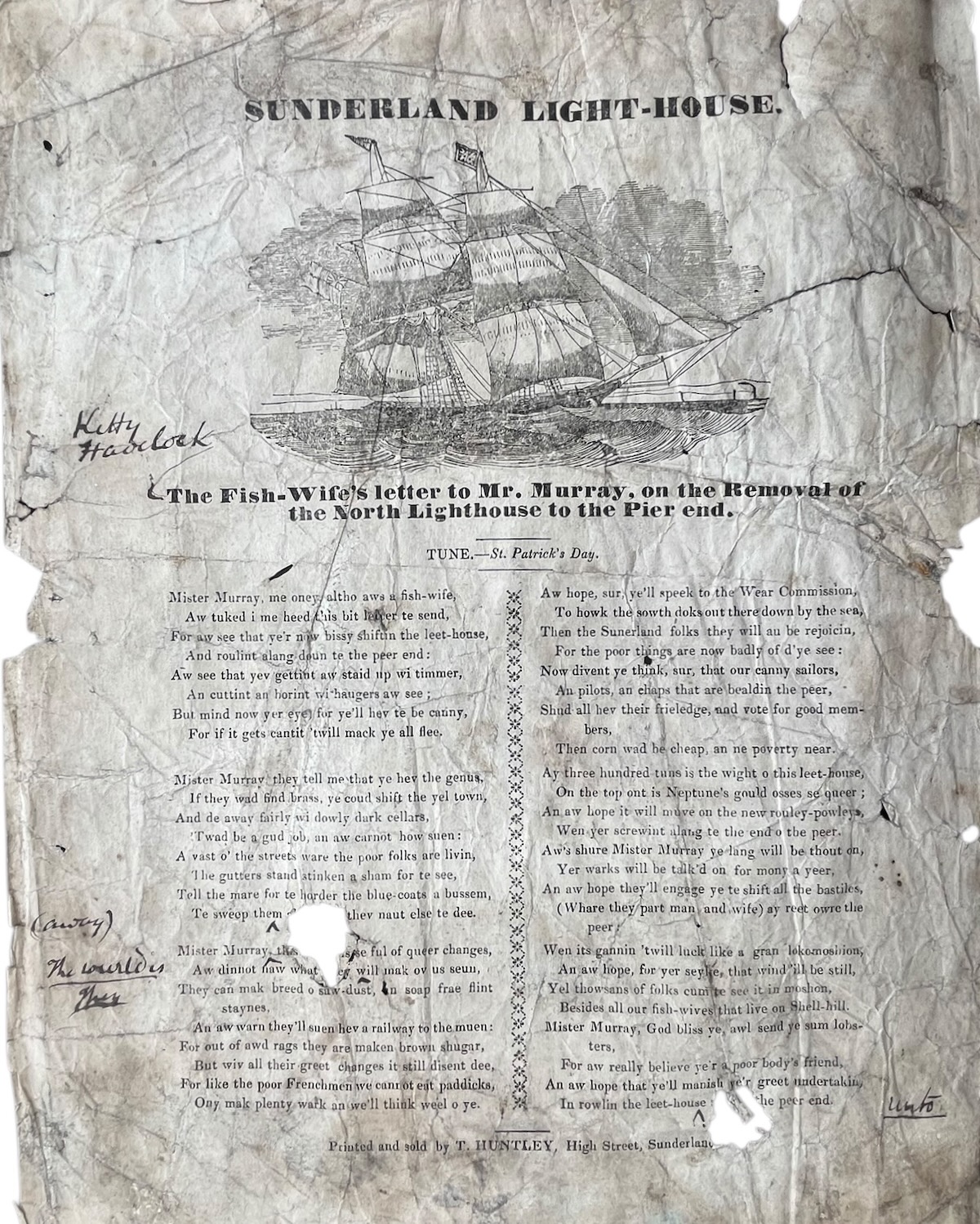 Sunderland Light-House. The Fish-Wife&rsquo;s Letter to Mr. Murray, on the Removal of the North Lighthouse to the Pier End.