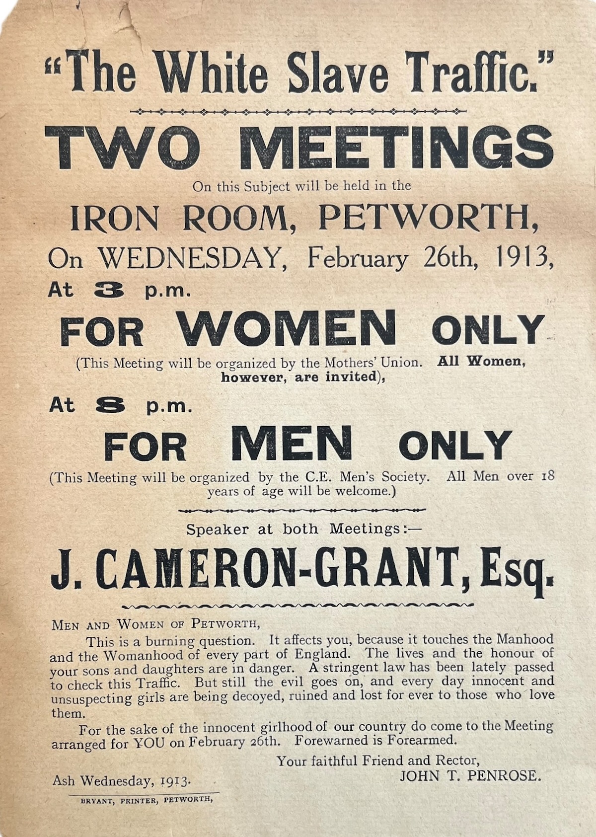 Image for Two Meetings on this subject will be held in Iron Room, Petworth. At 3 p.m. for Women only. At 8 p.m. for Men only. Two Meetings on this subject will be held in Iron Room, Petworth. At 3 p.m. for Women only. At 8 p.m. for Men only.