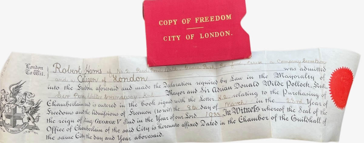 Certificate of Freedom of the City of London for Robert Harris.