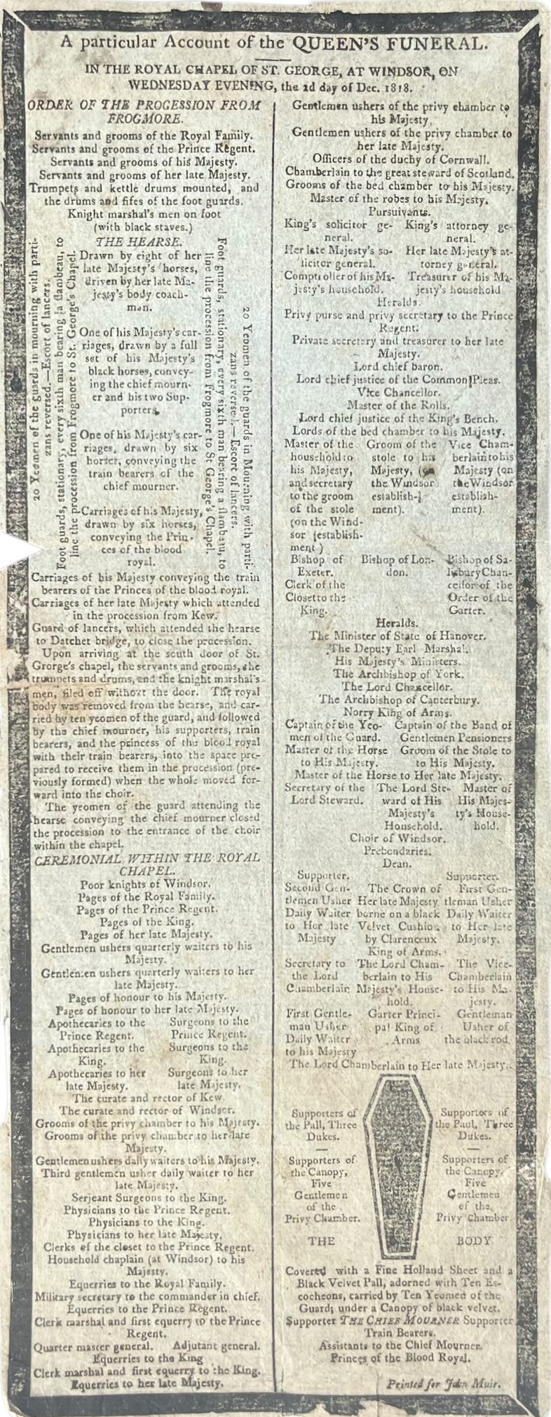A Particular Account of the Queen&rsquo;s Funeral. In the Royal Chapel of St. George, at Windsor, on Wednesday Evening, the 2nd day of Dec. 1818.