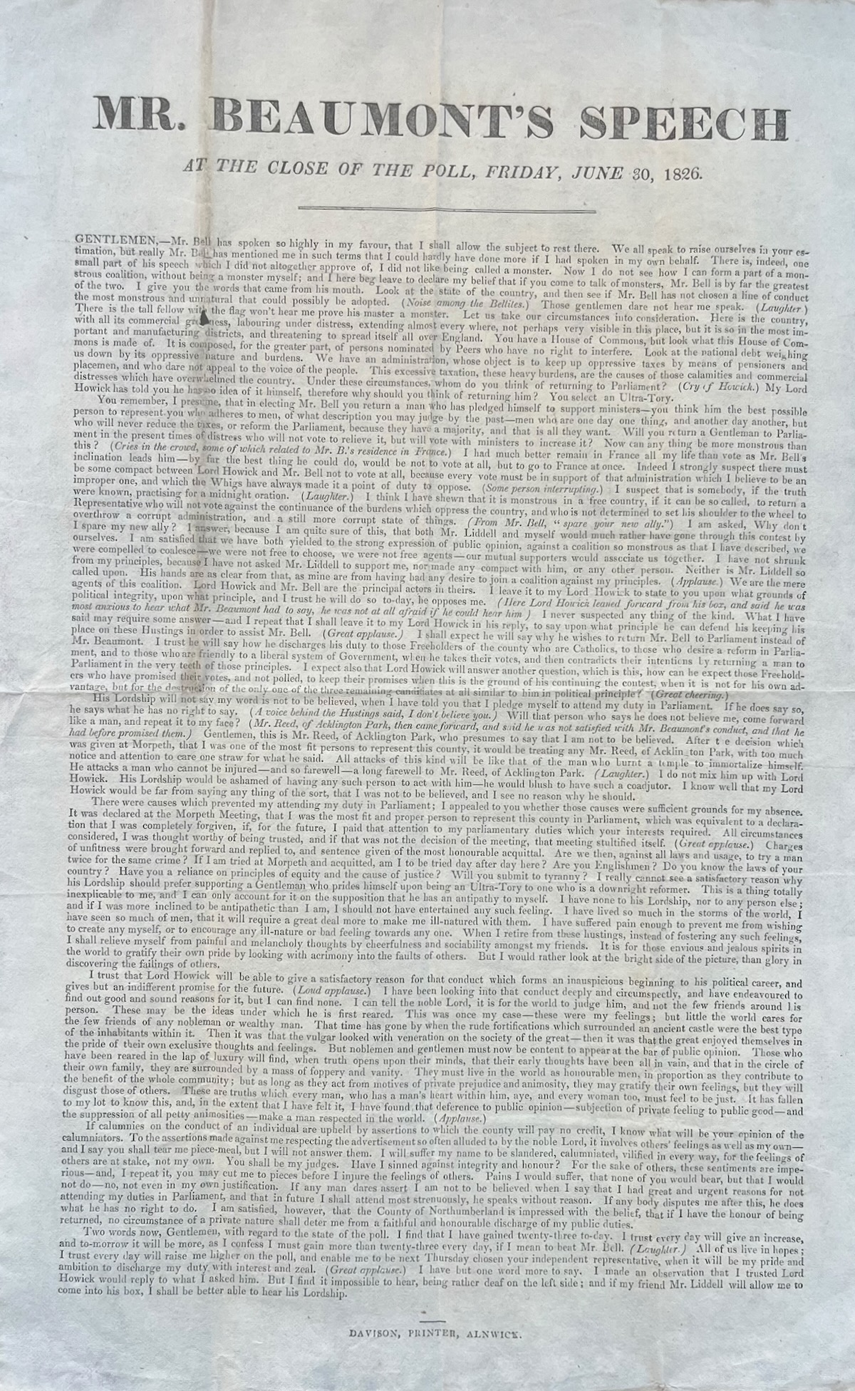 Mr. Beaumont&rsquo;s Speech at the Close of the Poll, Friday, June 30, 1826.