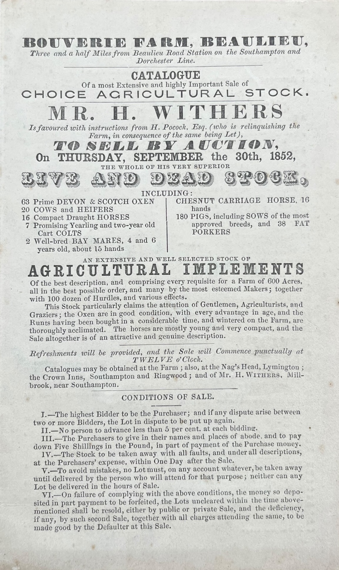 Bouverie Farm, Beaulieu. Catalogue of a Most Extensive and highly Important Sale of Choice Agricultural Stock. from H. Pocock, Esq. (who is relinquishing the Farm, in consequence of the same being Let)
