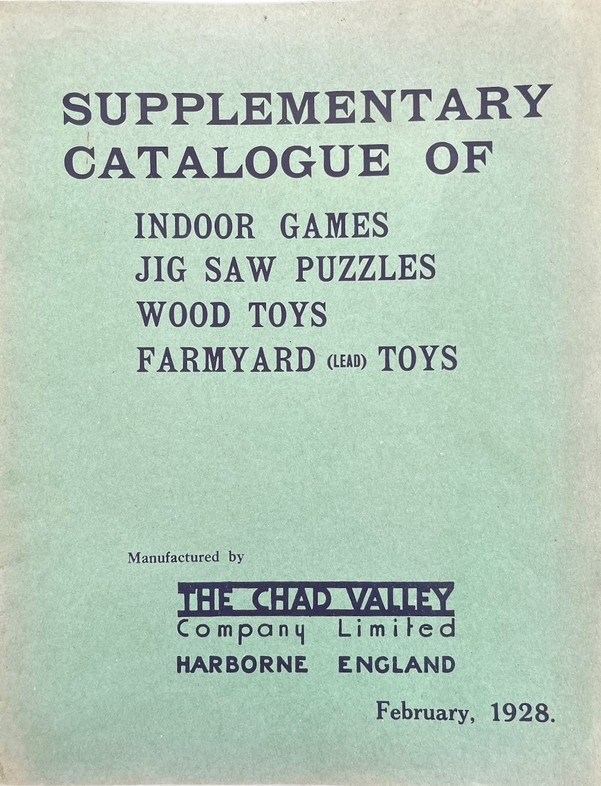 Supplementary Catalogue of Indoor Games, Jig Saw Puzzles, Wood Toys, Farmyard (lead) Toys.
