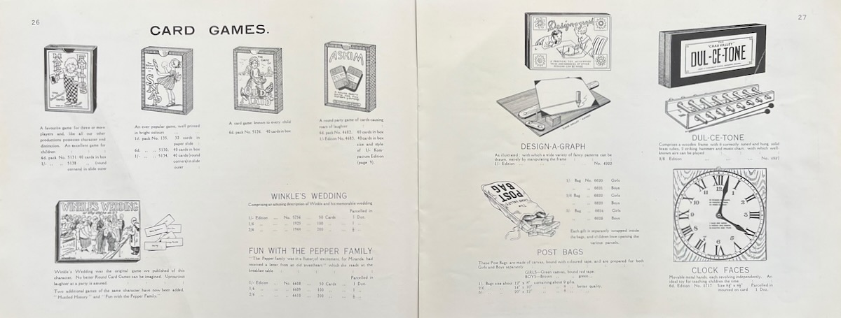 Catalogue of Indoor Games, Jig-saw Puzzles, Christmas Crackers, Kindergarten Toys. [with] Supplementary List of Indoor Games published after the issue of the 1930 catalogue. [with 2 copies] Priced List of Supplementary Games, etc.