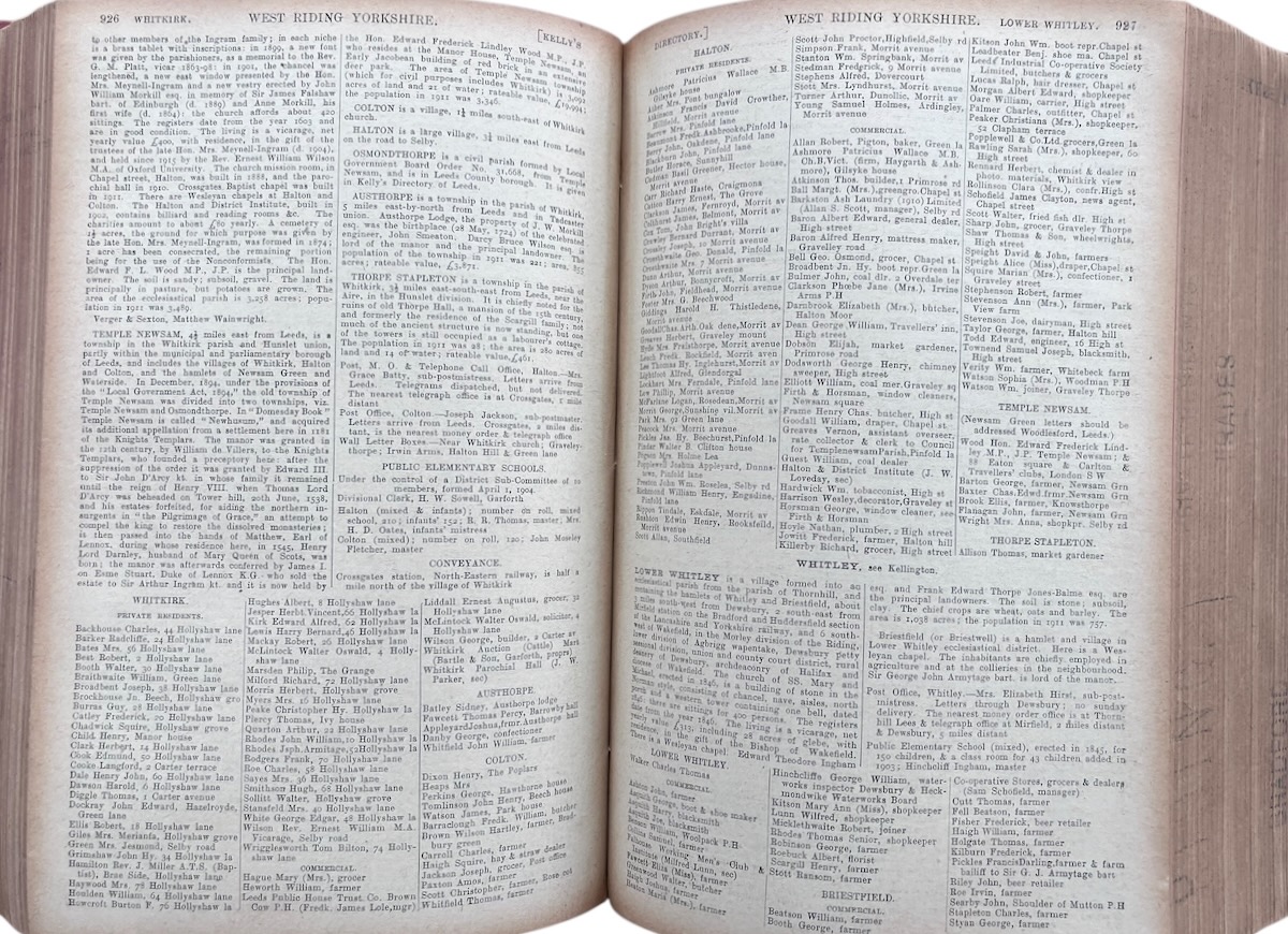 Kelly&rsquo;s Directory of the West Riding of Yorkshire (Exclusive of Leeds, Sheffield and Rotherham). 1917.