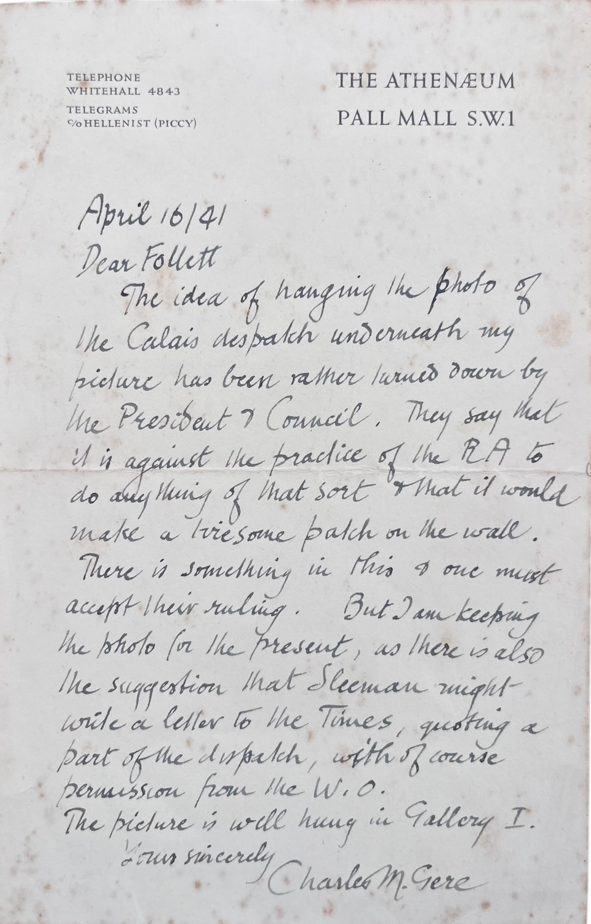 Autograph Letter, signed, to Follett.